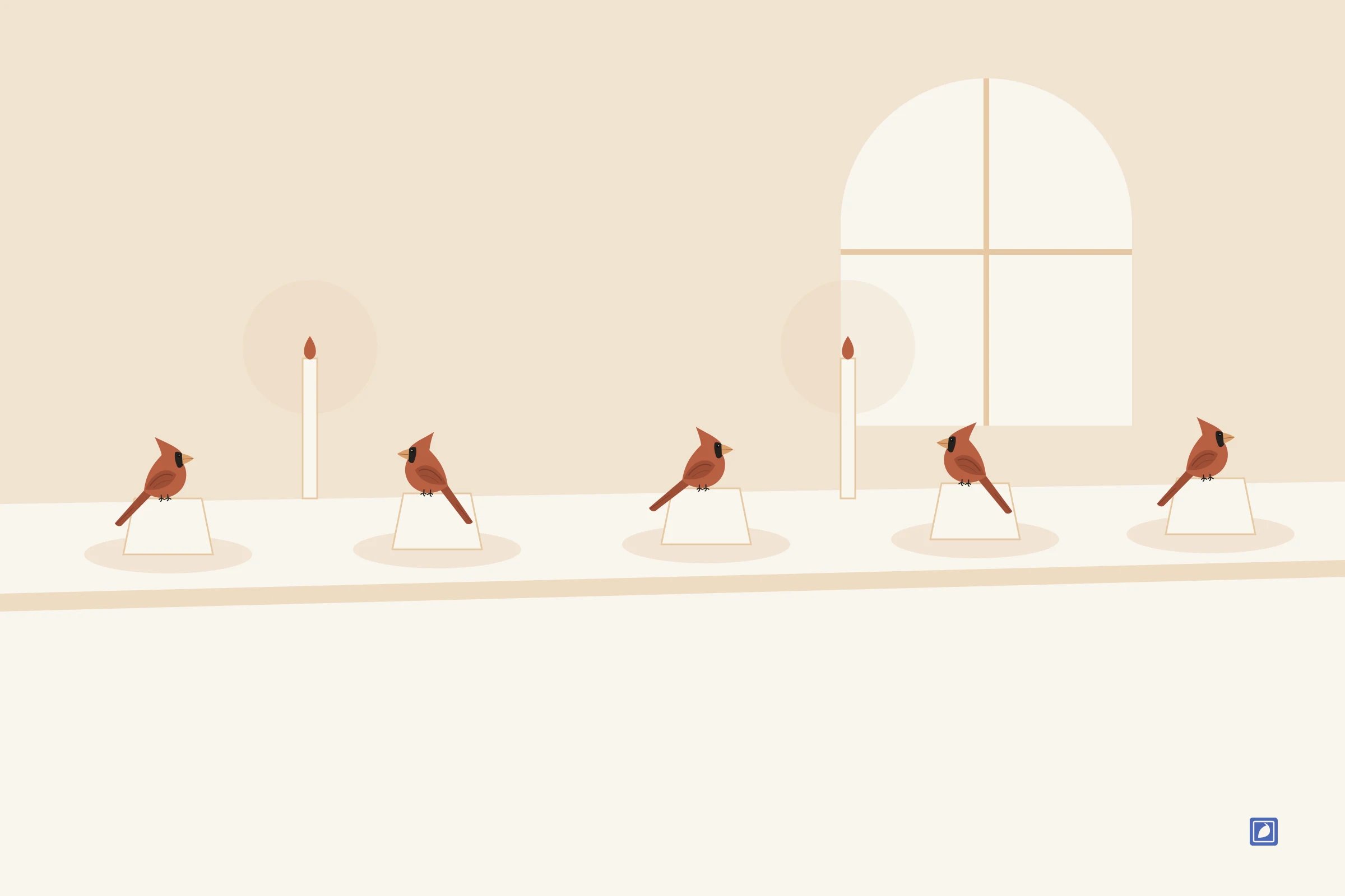 Cardboard red birds along a church supper table, with a drawing pencil beside them, the decorations Allie May Schmidt made for the Presbyterian church in Ferguson on February 16, 1921